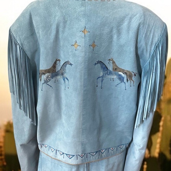 VPatricia Wolf Hand-Painted Suede Fringe Jacket & Skirt Set horses stars S/M EUC - Picture 6 of 13